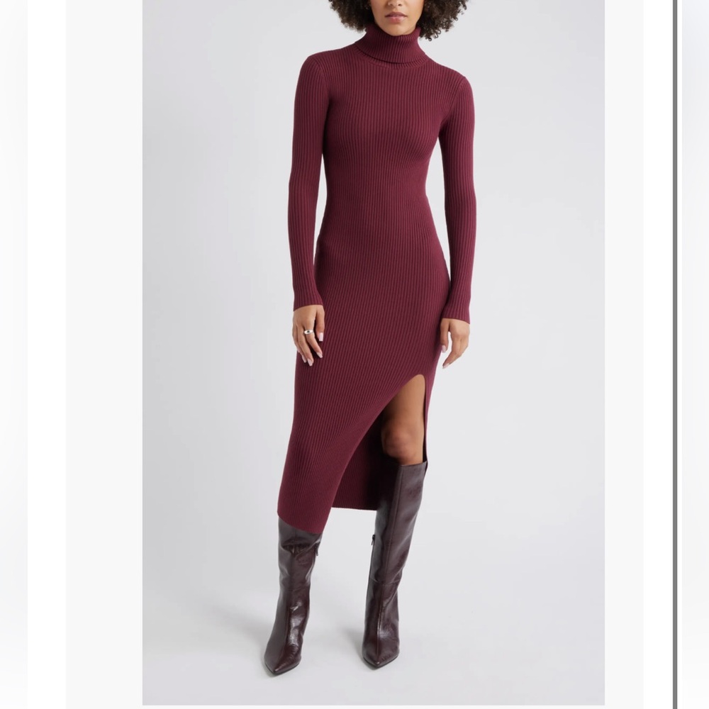 22. Open Edit $89 Rib Long Sleeve Turtleneck Sweater Dress in burgundy